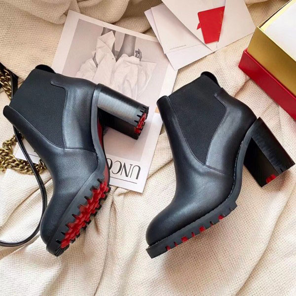 

2021s Women black Leather boot ankle boots red bottom high heels chunky heeled booty Marchacroche Calf Leathers Ankles Booties platform rubber soles Size35-43