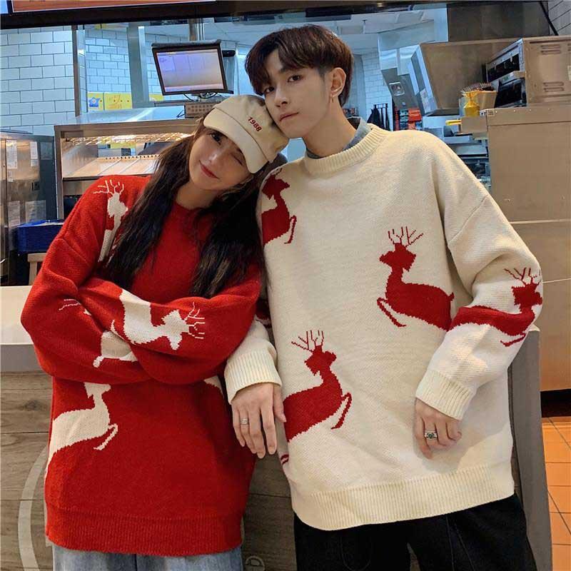 

Women's Sweaters Christmas Couple Sweater Knitwear Clothing College Fashion Korean Style Lovers Women Family Look Matching Clothes Outfit We, White;black