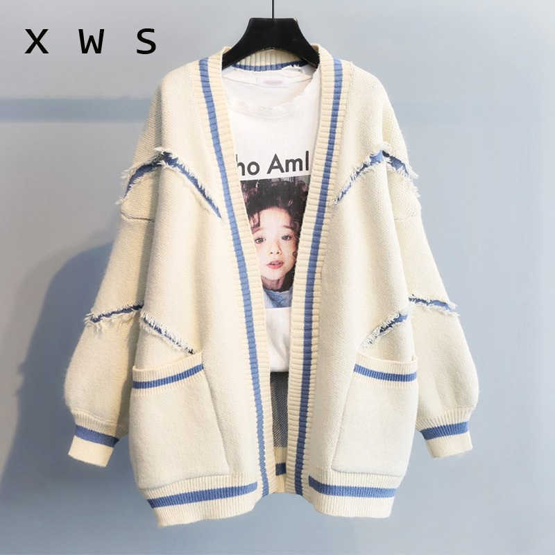 

winter Cardigan Women Open Stitch Loose Sweater Jumpers Letters Oversized Sueter Mujer Yellow Cardigans manteau femme 210604, Rice white