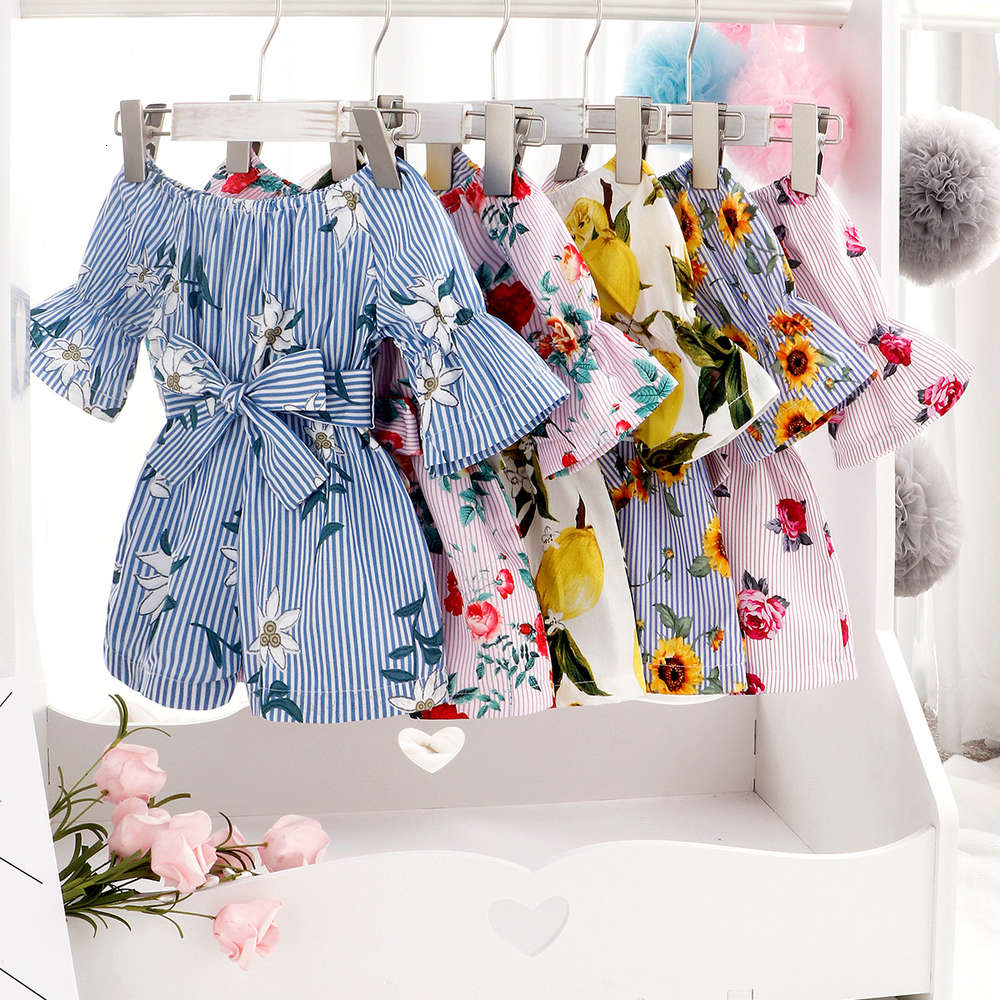 

Ins children's girls' Jumpsuit floral sunflower belt summer creeping suit, White