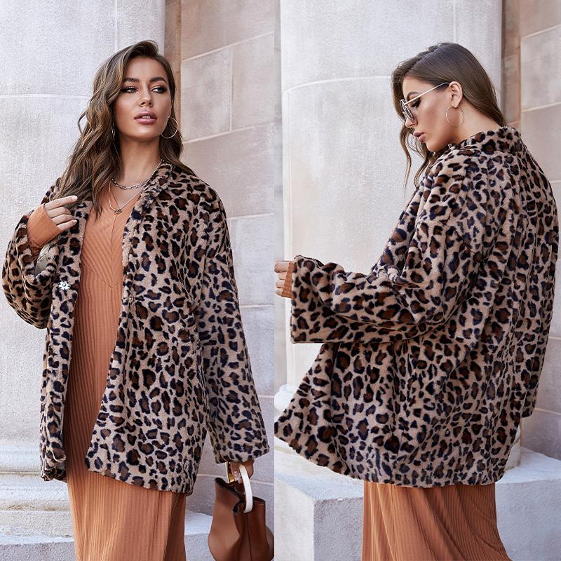 

Women' Fur & Faux Fashion Leopard Print Coat For Women Autumn/Winter Outerwear Clothes Long Sleeve V-neck Lady Tops Streetwear Warmwear
