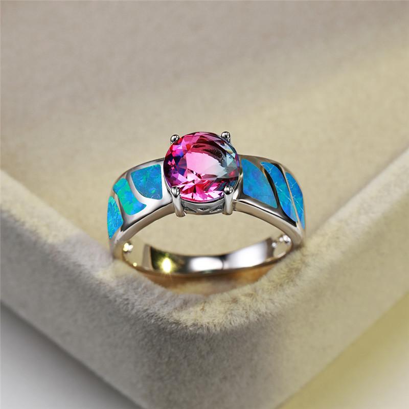 

Wedding Rings White Blue Opal Multicolor Stone Ring Fashion Female Rainbow Round Crystal Classic Silver Color Engagement For Women