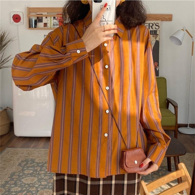 

2021 New Deeptown Vintage Stripe Print Camisas Femininas Outono Inverno Moda Boto at Camisa De Manga Comprida Solta Casual Blusa Feminina Px, Jiaotang