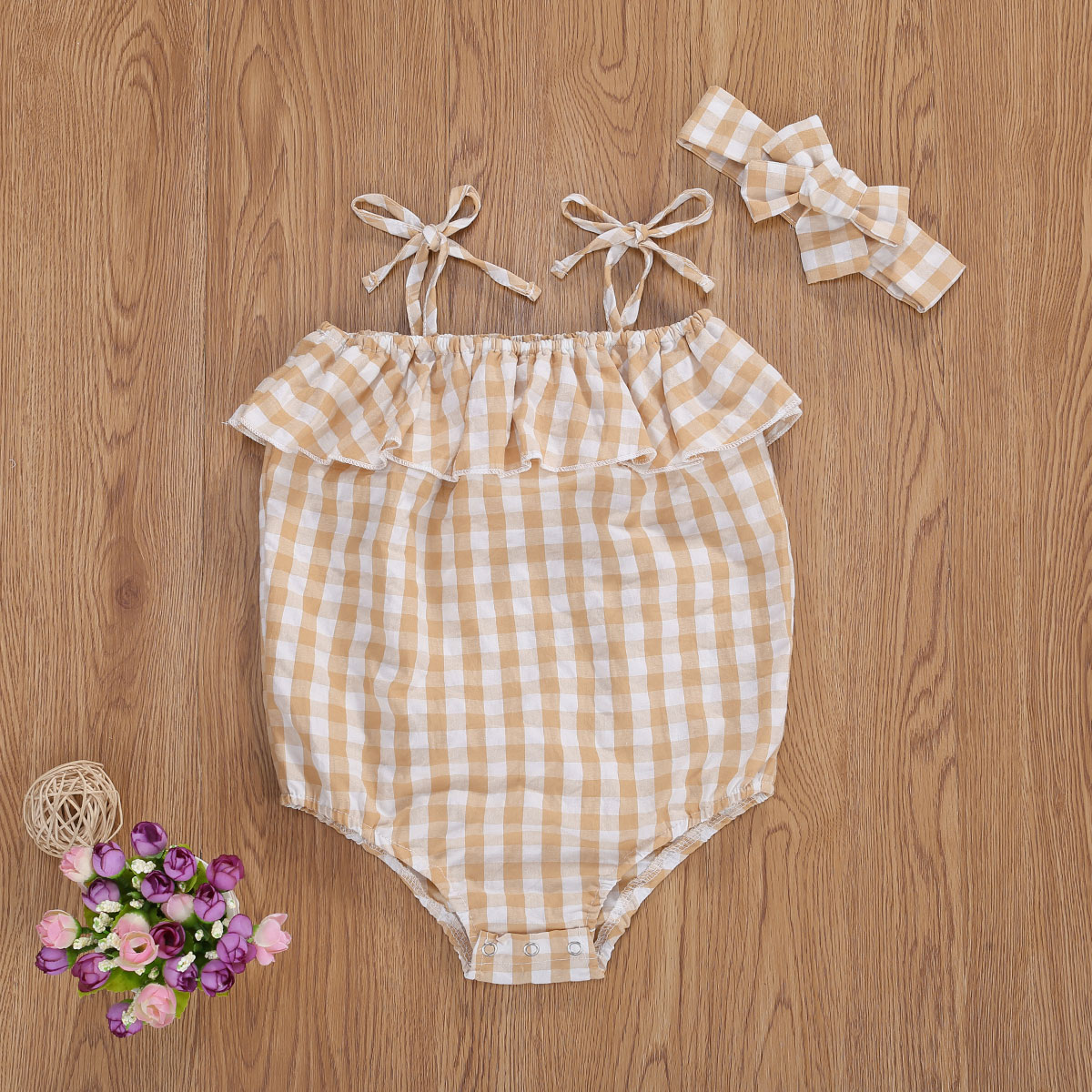 

0-24M Newborn Infant Baby Girl Plaid Romper Bodysuit Jumpsuit+Hair Ring Set Outfits, Pink