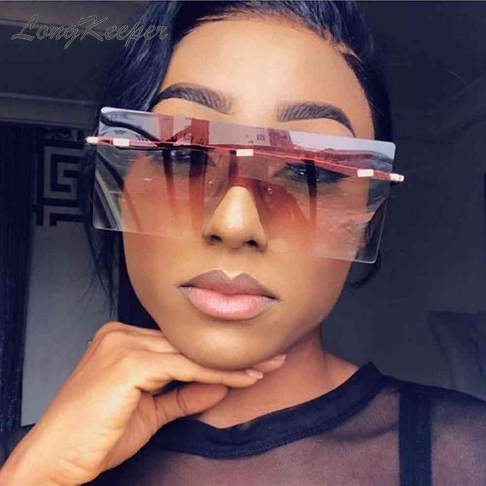 

LongKeeper Oversized Square Flat Top Sunglasses Women Men Fashion Luxury Rimless Eyewear Large Brown Shades Oculos UV400