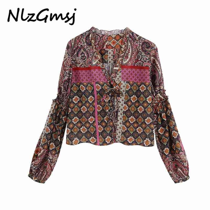 

women retro paisley print chiffon blouse v neck long sleeve chic female casual loose shirt tops 210628, Fuchsia