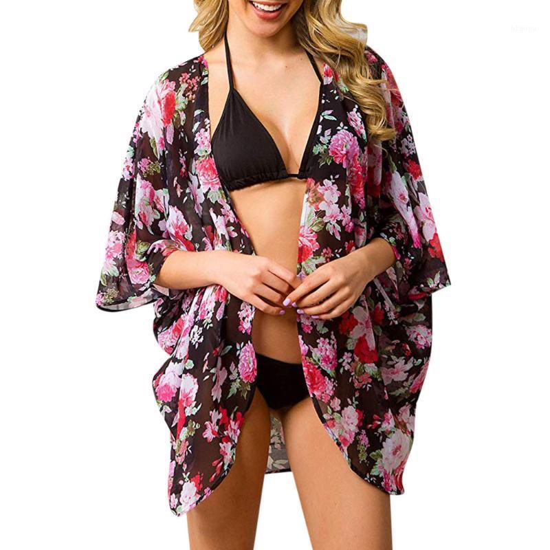 

Clothes Women Floral Print Cardigan Beach Tops Fashion Half Sleeve Sunscreen Swimwear Cover Ups Bikini Set E19 Women's, Pink
