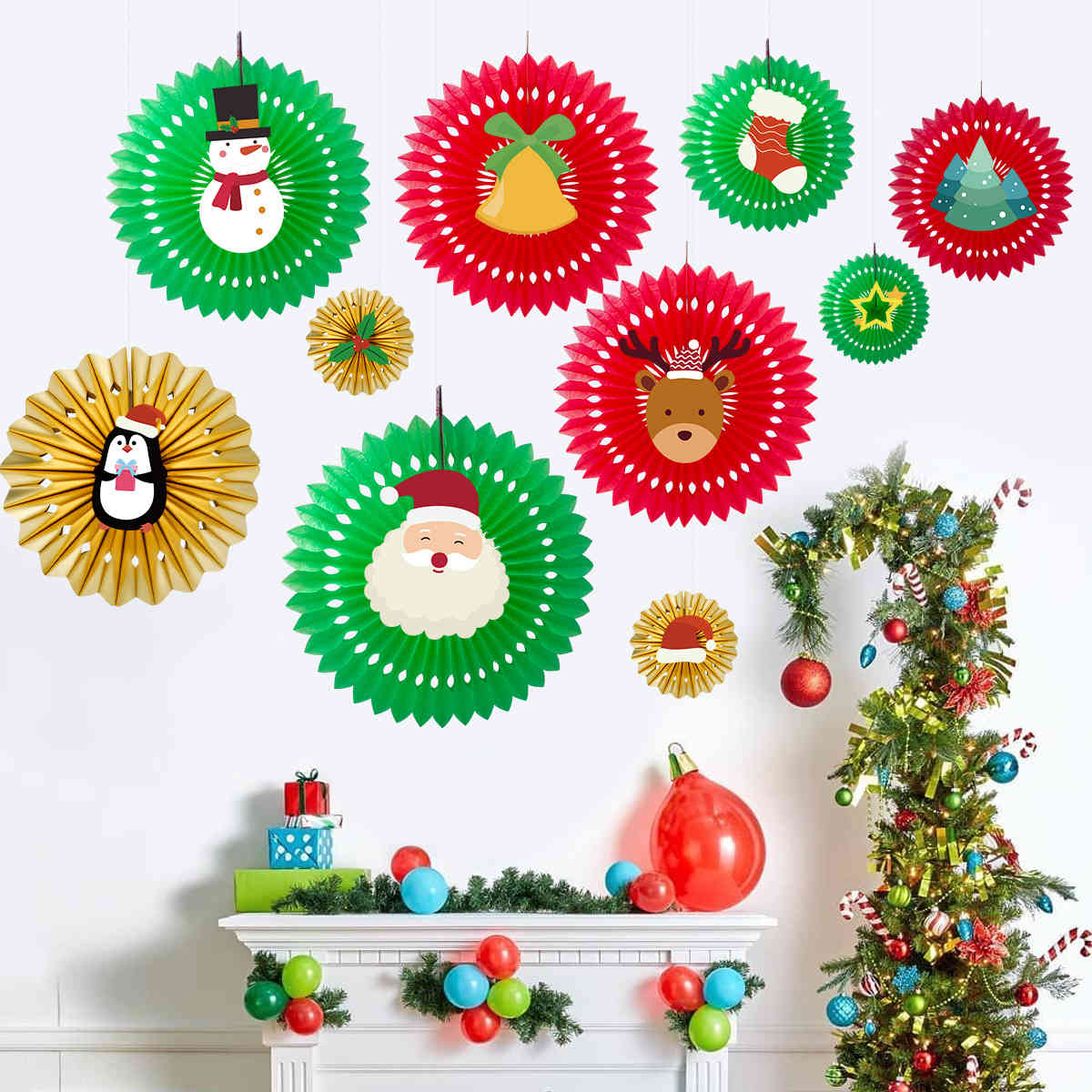 

20 pieces of paper fan flower Christmas Tree Pendant honeycomb hollowed out snowflake, Red