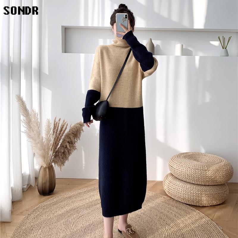 

Casual Dresses Loose Straight Color Block Turtleneck Sweater Dress 2021 Autumn And Winter Korean One-Piece Knitted Midi, Tupianse