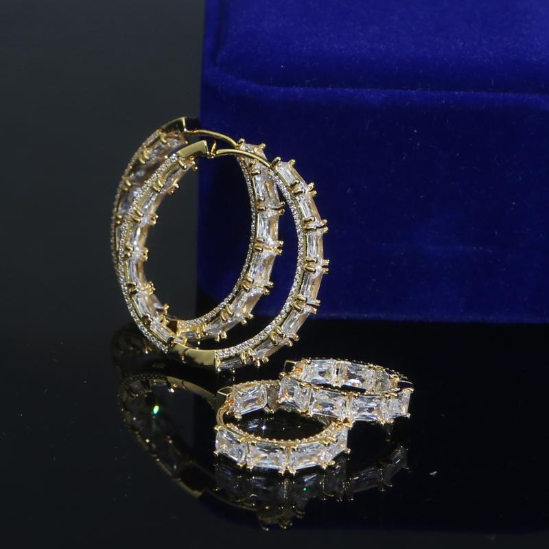 

Hoop & Huggie 2021 Rectangle Square Cz Paved Big Large Round Earring Fashion 25mm 40mm Wedding Jewelry For Women Lady