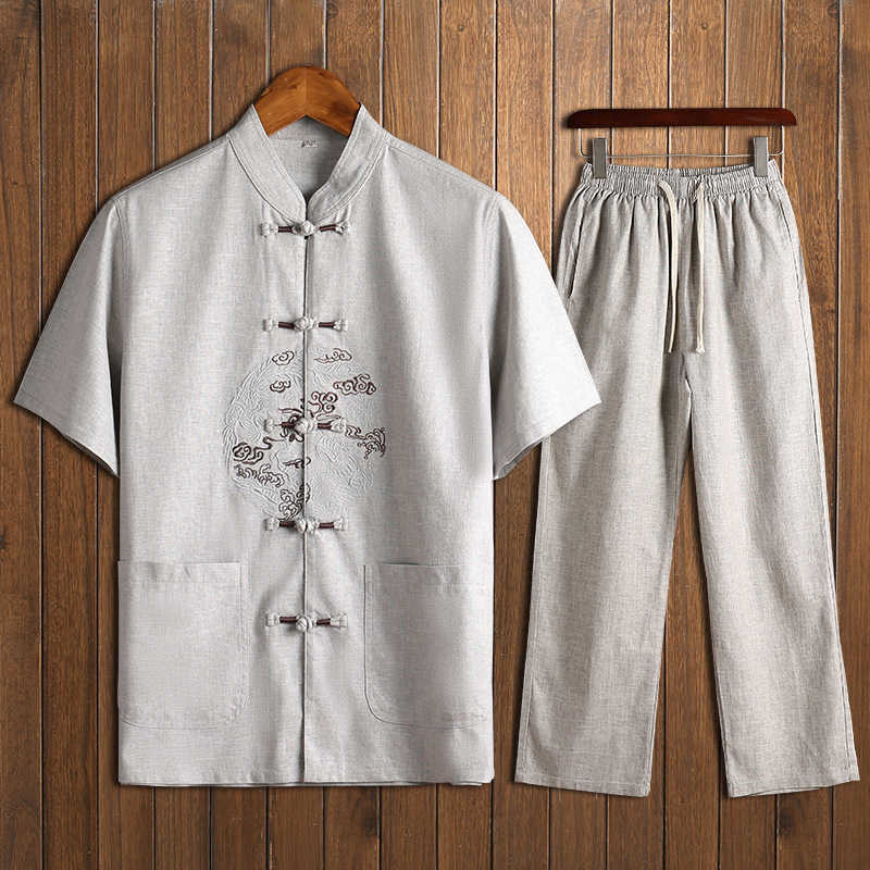 

Summer short sleeve Tang suit middle aged men's Hanfu father suits, Beige