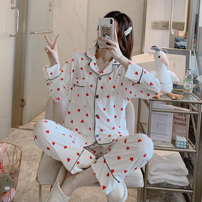 

Women 2pcs Postpone Velour Pajamas Sweet Suit Nightwear Printing Heart Neck Shirt & Blouse Clothes End Winter Home to Wear Uktc, White-1