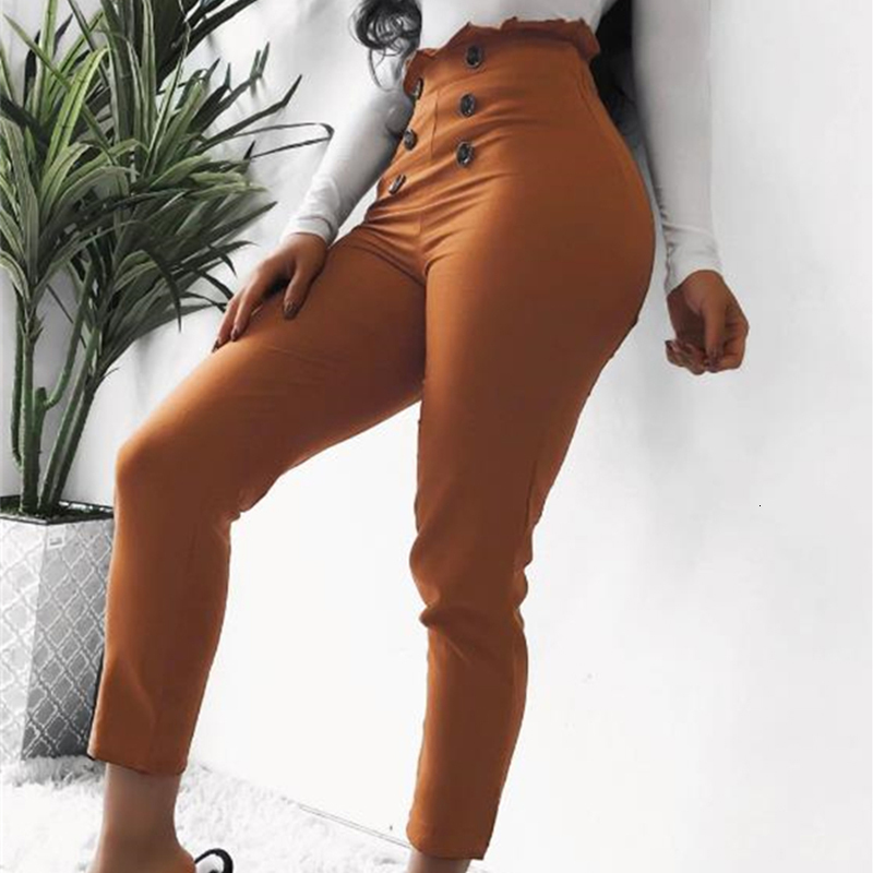 

2021 New Women Autumn High Waist Winter Fashion Sexy Ruffles Button Ny Leggings Casual Solid Color Ladies Trousers 43s2, Wd622bk