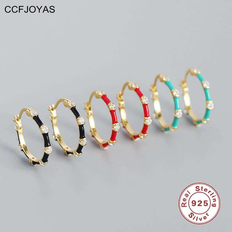 

Hoop & Huggie CCFJOYAS Geometric Bamboo Inlaid Zircon 925 Sterling Silver Earrings For Women Simple INS Multicolor Enamel Circle
