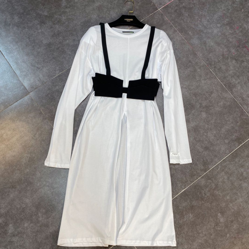 

Spring Summer Fashion Casual Shoulder Pad Long Sleeve Under High Thin Loose O Neck Dress Women SJ989 210525, White