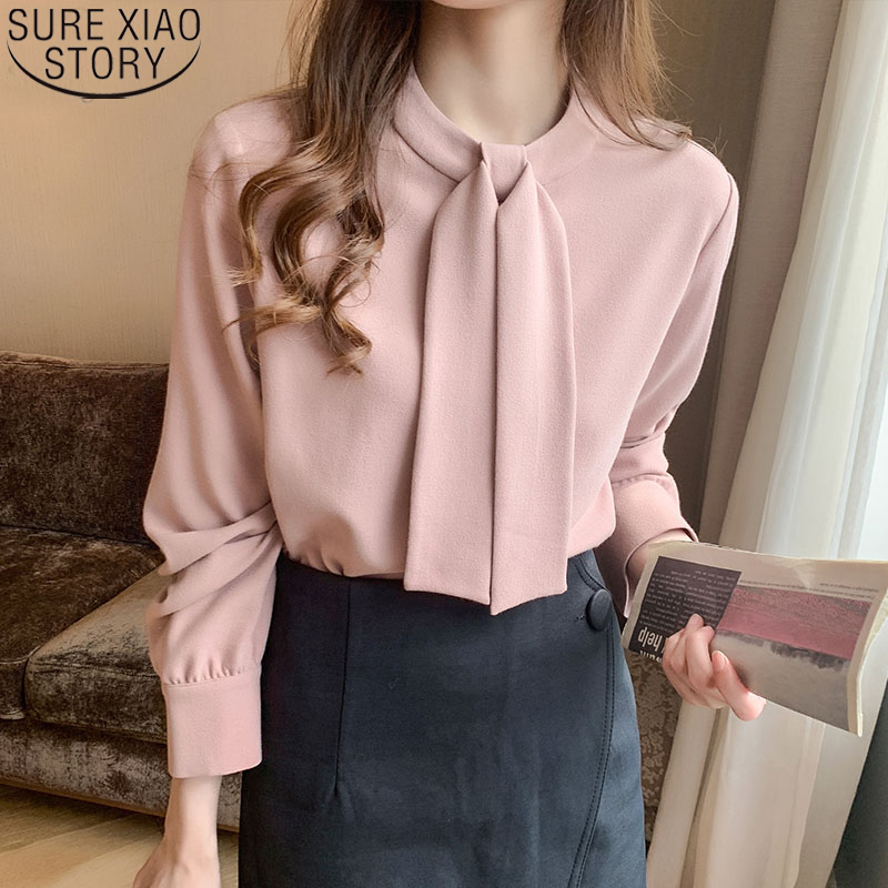 Office Lady Bow Blouses Chiffon Shirt Women Spring Loose Long Sleeve Pink Women Tops and Blouses with Tie Blusas Mujer 13047 210225Z