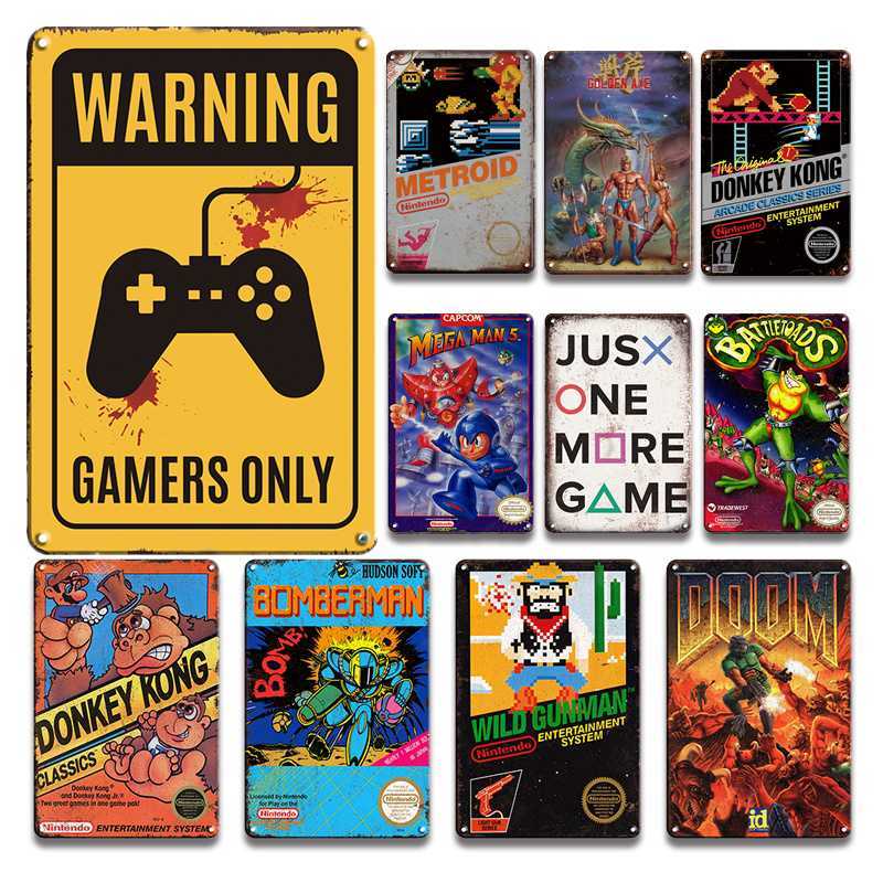 

Gamers Only Warning Tin Sign Vintage Baby Gamer Room Decor Metal Plate Retro Old Game Poster Living Room Metal Fashion Painting