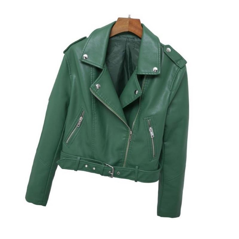 

Women Leather Coats Spring Autumn Long Sleeve Slim Bikers Jackets Ladies Short Green Motorcycle Woman Bomber Jacket 210525