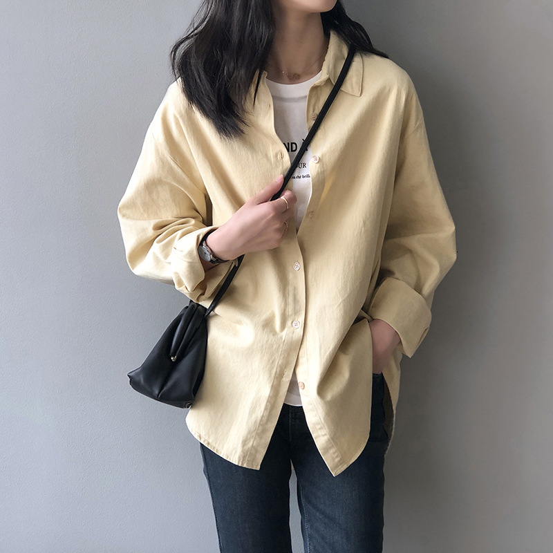 

2021 Women Spring Sweaters Down Collar Cotton Material Tops Women's Blouses Pink Shirt Wqr0, Khaki.