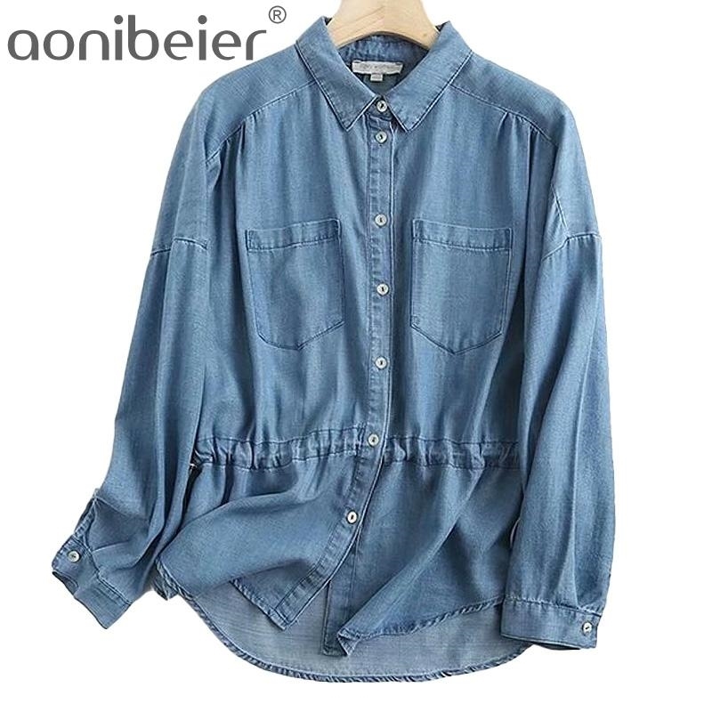 

Slim Waist Denim Shirt Women Long Sleeve Turn Down Collar Spring Loose Jeans Streetwear Casual Blouse 210604, Blue