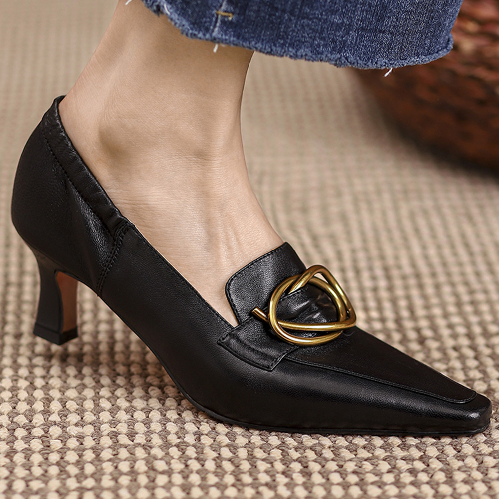 

Womens genuine leather kitten heel square toe slip-on pumps elegant ladies low heel comfort OL style daily matal buckle shoes, Black