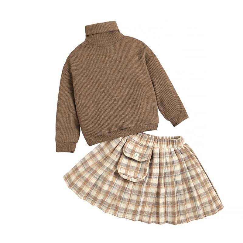

Clothing Sets Baby Girl Plaid Skirts Knitting Sweater Suits Long Sleeve High Neck Tops A-lined Pockets Half Dress, Dark khaki