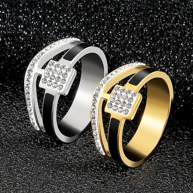 Wedding Rings Luxuxy Lover Stainless Steel Glod/Black Finger Fashion Double Crystal Jewelry For Woman Couple Engagement Ring Design-image-711448377