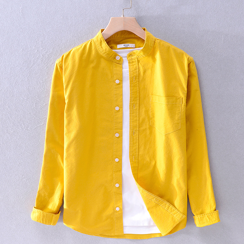 

2021 Pure Cotton Long Sleeve Man's Shirt New Yellow Male Casual Collar Solid Color Clothes Y3170 3pp0
