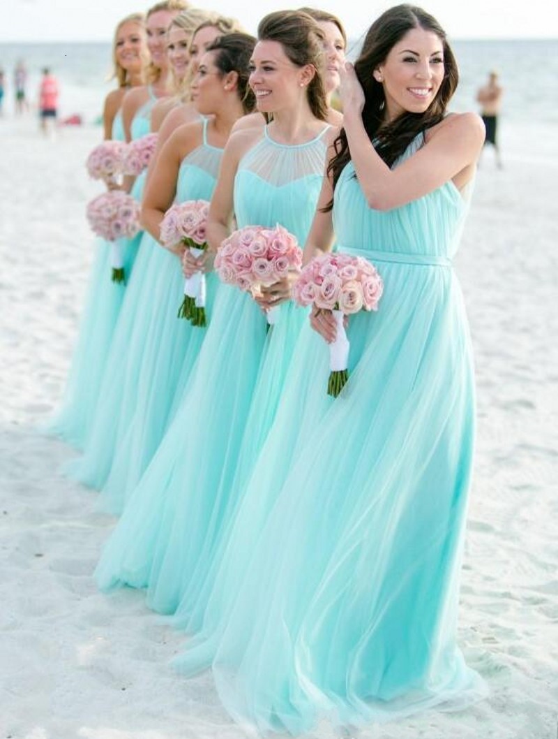 

2021 New Light Turquoise Halter Bridesmaids Es Plus Size Beach Tulle Cheap Wedding Guest Party Long Pleated Evening Gowns Mrd5