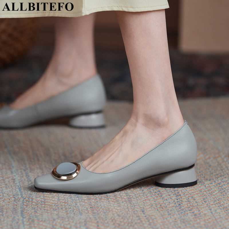 

ALLBITEFO Size:33-41 high quality genuine leather thick heels office ladies shoes women heels shoes brand high heels shoes 210611, As picture