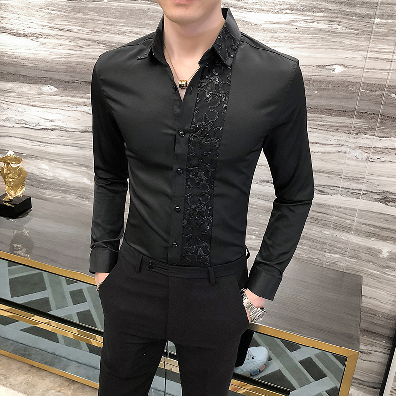 

2021 New Sexy British Male Lace Shirt Fashionable 2021-autumn Winter Long Shirts for Men Fitting Thin Club Night Tuxedo 4xl-m Nebx, Black