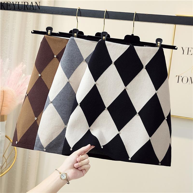 

Skirts Diamond Lattice Knitting Skirt Autumn Winter Leisure High Waist A-line Nail Drill Package Hip Korean Style Mini, Gray