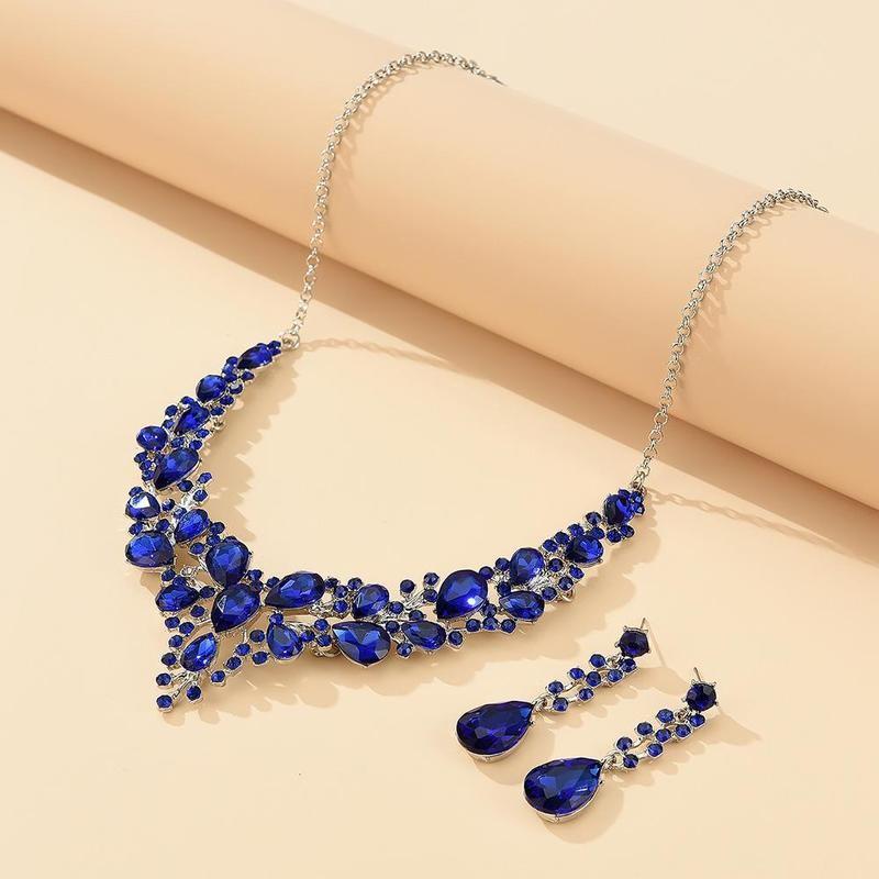 

Earrings & Necklace Luxury Crystal Bridal Wedding Dress Jewelry Set Fashion Charm Banquet Jewellery Kit Earring 2pcs For Women Lady Gift, Silver
