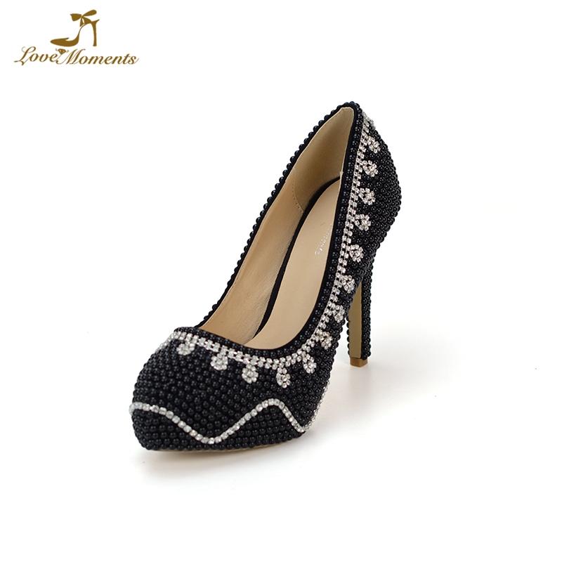 

2021 Black Pearl Anniversary Ceremony Pumps Customized Bride Wedding Dress Shoes Gorgeous Women Prom Pumps Bridesmaid Shoes, Black 11cm heels
