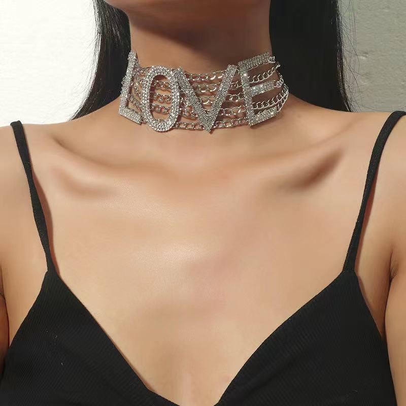 

Chokers 2021 Fashion Shiny Rhinestone Letter Word Necklace Girl Sexy Punk Night Entertainment Statement Party Jewelry