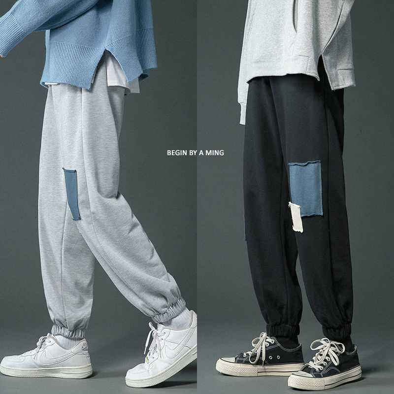 

2021 New Men's Fashion Patch Decorate Casual Pants Solid Color Elastic Waist Trousers Streetwear Joggers Sweatpants Plus Size S-2xl Vxdd, Light gray
