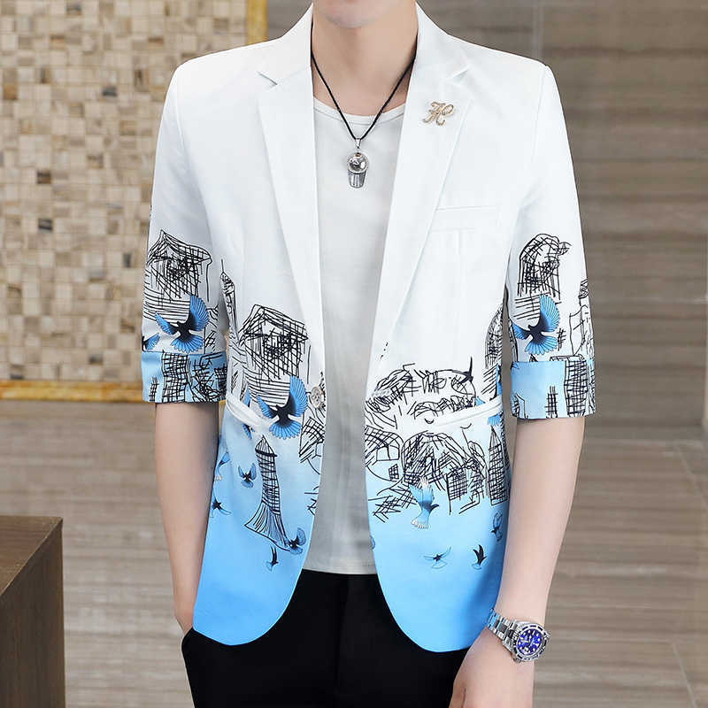 

Fashion Printed Men Blazers Summer 3/4 Sleeve Slim Fit Casual Suit Jacket Street Wear Social Dress Coat Blazer Masculino 210527, Blue