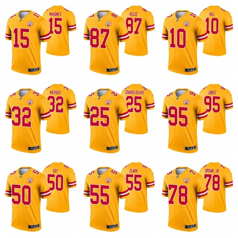 

15 Patrick Mahomes 87 Travis Kelce 10 Hill 32 Mathieu Kansas City Super Chief Men Yellow Limited Football Jersey Bowl