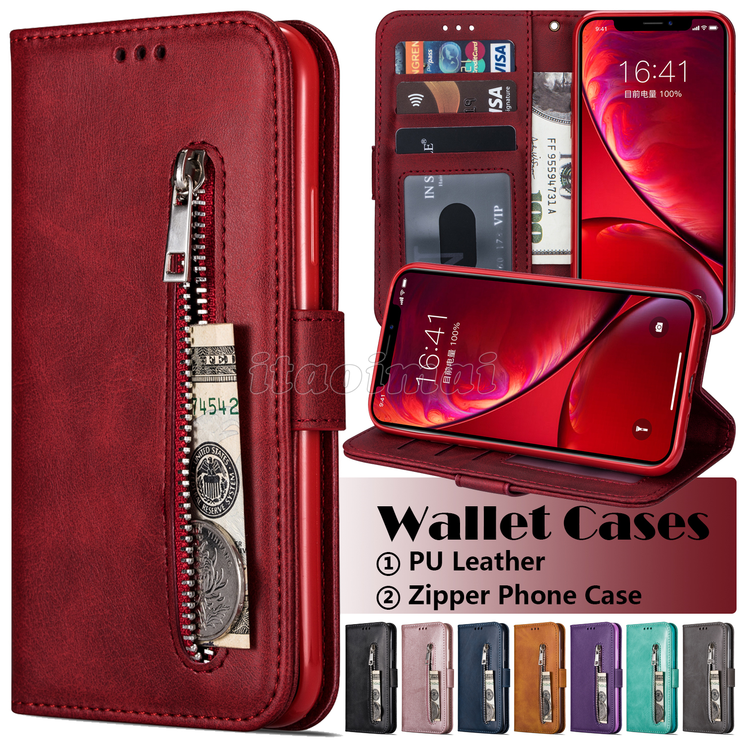 

Zipper Wallet Phone Case for iPhone 12 Mini 11 Pro X XR XS Max 7 8 Plus Samsung Galaxy S20 Ultra Calfskin Texture PU Leather Flip Cover Case, Black