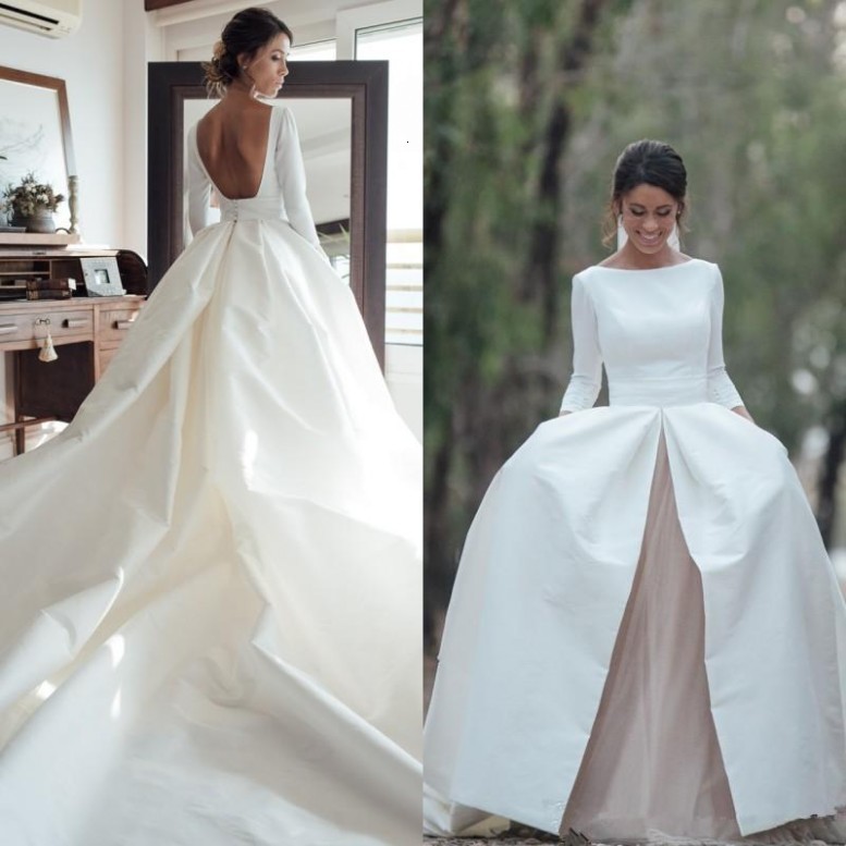 

2021 New Modern Country Wedding Es Sleeves Bateau Neck a Line Backless Champagne Tulle Ivory Arabic African Bridal Gowns Ycnq
