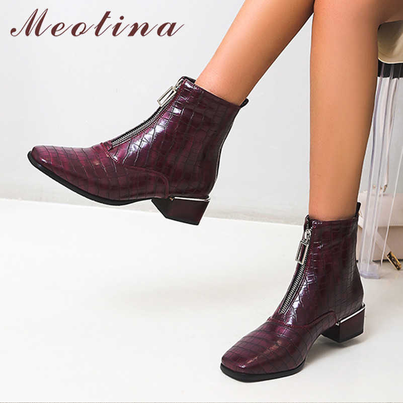 

Meotina Women Boots Med Heel Ankle Boots Zipper Chunky Heel Shoes Square Toe Female Short Boots Autumn Winter Brown Big Size 210608, Wine red