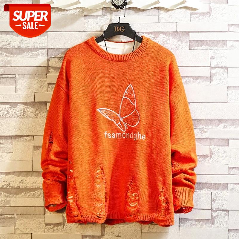 

Autumn winter men ripped hole print oversized knitted sweater irregular design hip hop punk knitwear women #ci36, White;black