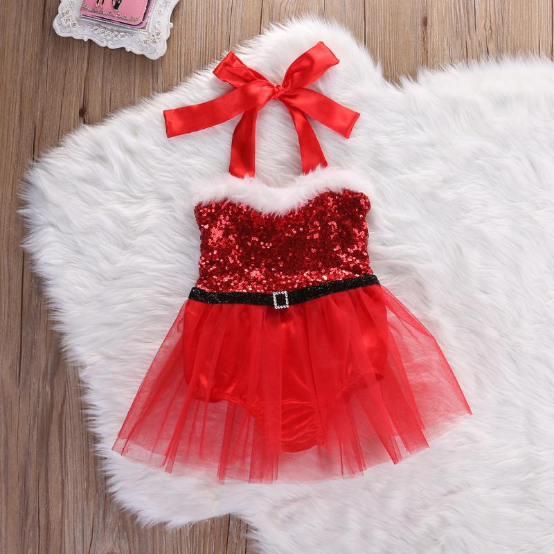 

Girl's Dresses Christmas Born Baby Kids Girl Santa Claus Bodysuit Cute Xmas Tulle Tutu Dress Halter Sequined Outfits Costume, Red
