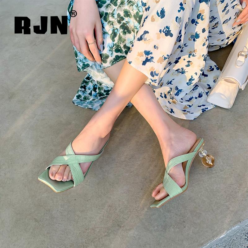 

Sandals RJN Genuine Leather Summer Women Shoes Concise Strange Heel Dressing Square Toe Stylish Sexy Modern 2021 RL66, Green