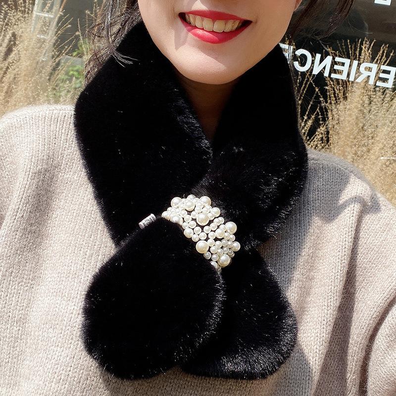 

Scarves Elegant Fake Fur Collar Scarf Women Keep Warm Thickening Sjaal Pearl Cross Winter Autumn