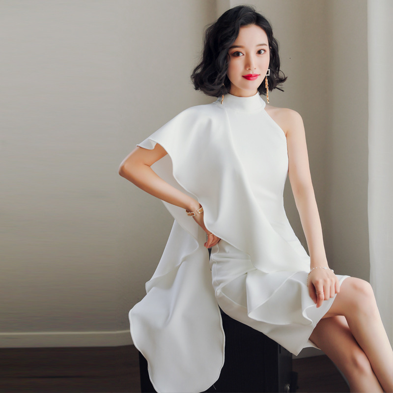 

White Elegant Exquisite Ruffles Trim Banquet Gown Female Turtleneck Formal Party Dress Sexy Slim Short Dresses K0la