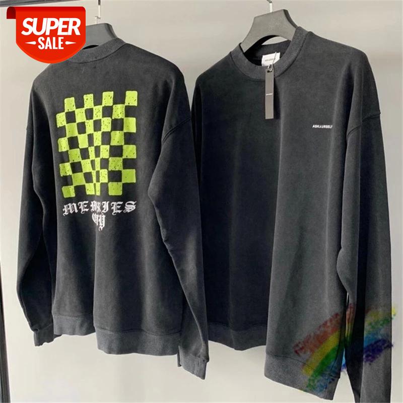 

Washed Old Vintage Askyurself Sweatshirts Men Women Crewneck Fluorescent Green Checkerboard Pullover #Ct8J, Black