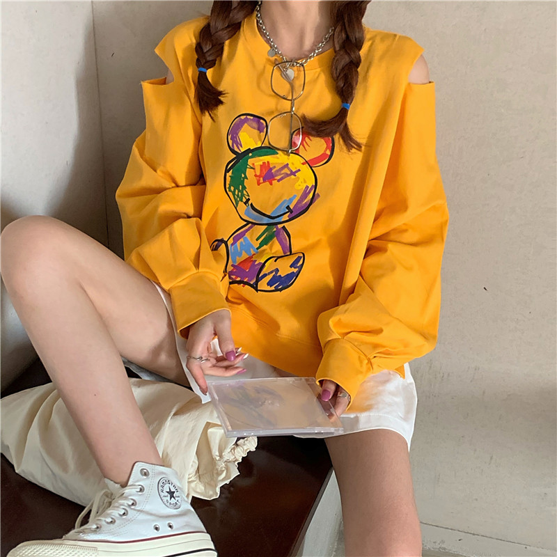 

2021 New Spring Autumn Print Hoodies for Women Off the Shoulder Pullover Sweatshirt Female Casual O-neck Long Sleeve Top Harajuku Q0w0, Yellow