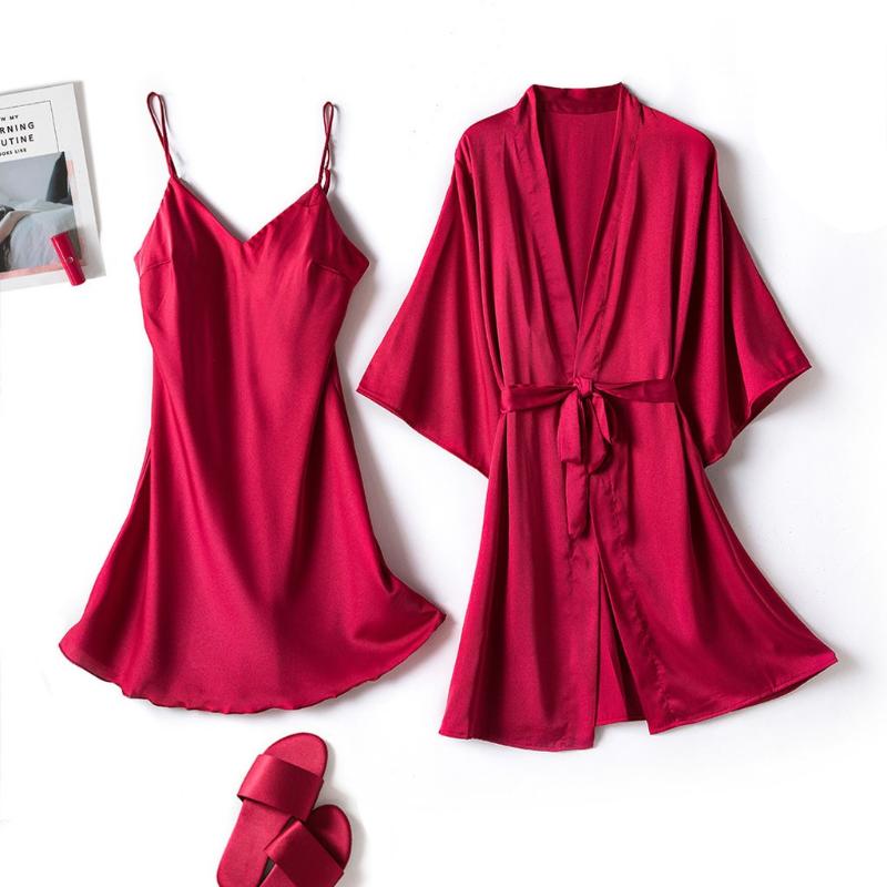 

Women's Sleepwear Summer Satin Silk Pajamas Sexy Women Solid Colors Spaghetti Strap Nightdress Lingerie Robes Set Underwear Nightwear#g3, Black;red