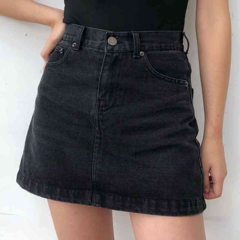 

Summer Black Bule Cowboy Denim Sexy Above Knee, Mini Skirt Womens A-Line Woman Empire Waist Girl B002 210603, Black grey